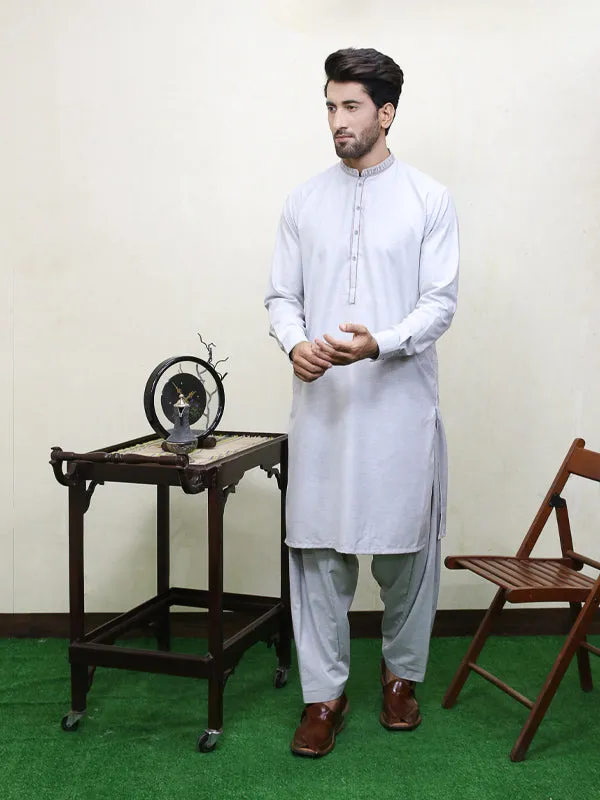 250 Men's Embroidered Kameez Shalwar Stitched Suit Light Grey