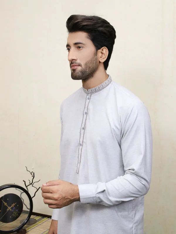 250 Men's Embroidered Kameez Shalwar Stitched Suit Light Grey