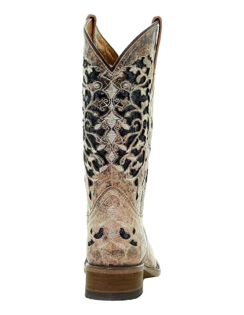 Corral Youth 11" Tan Black Glitter Inlay Embroidery Square Toe Western Boot