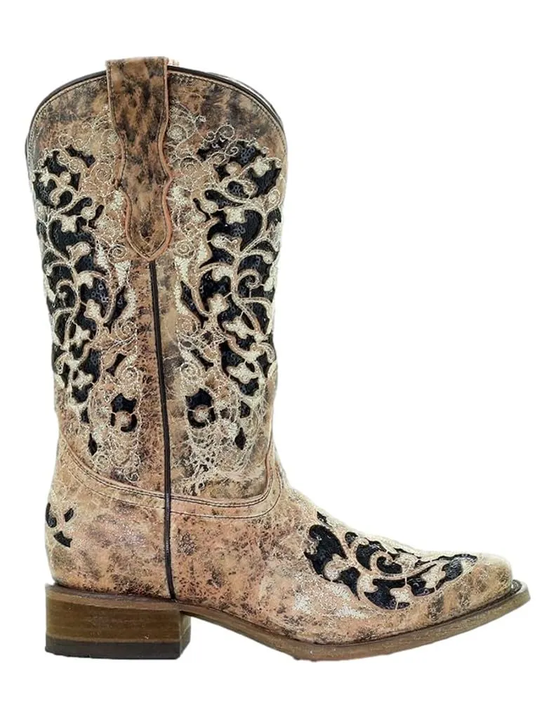 Corral Youth 11" Tan Black Glitter Inlay Embroidery Square Toe Western Boot