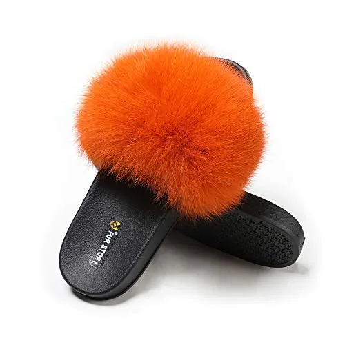 Fur Story Women's Fox Fur Slides Furry Slide for Outdoor Fluffy Sandals Open Toe Fur Slippers