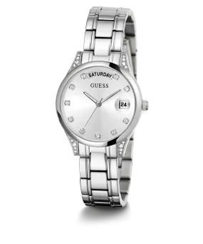 GUESS Ladies Silver Tone Day/Date Watch