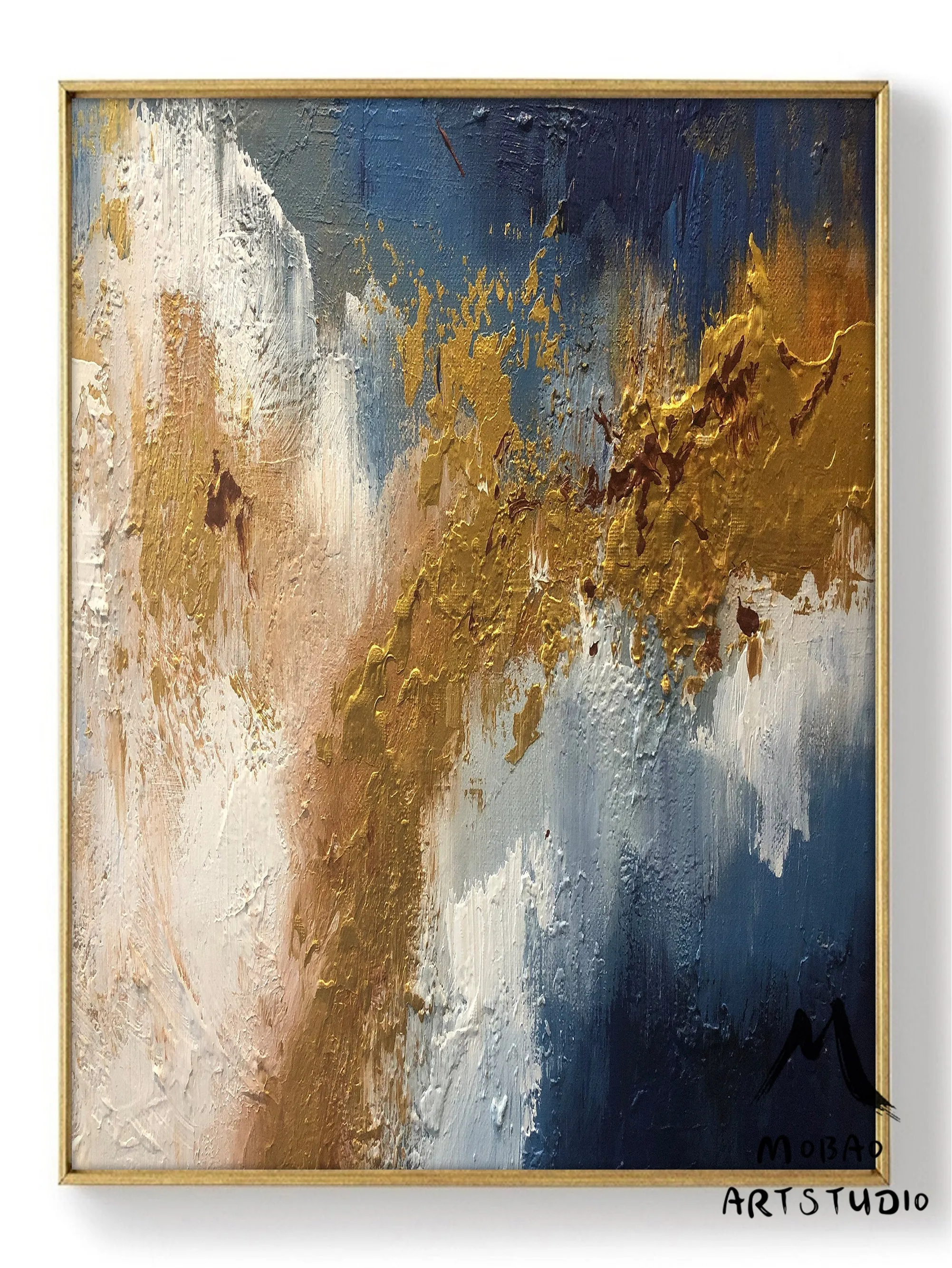 Large Living Room Art Blue Gold Abstract Painting Bg012