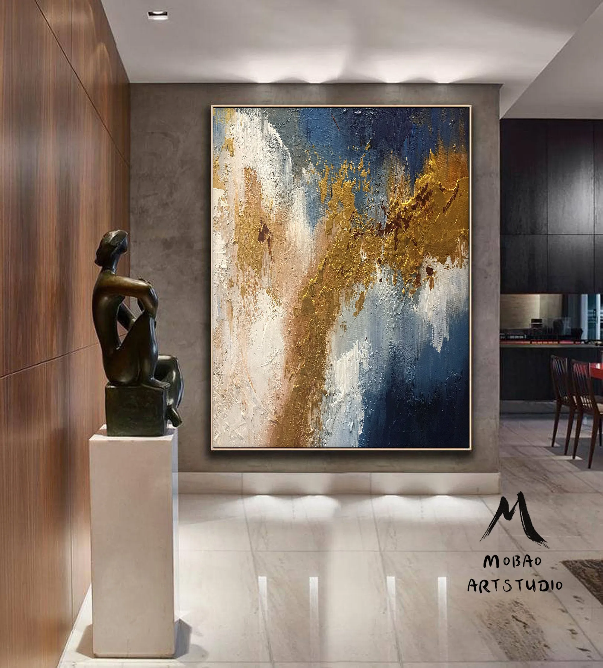 Large Living Room Art Blue Gold Abstract Painting Bg012