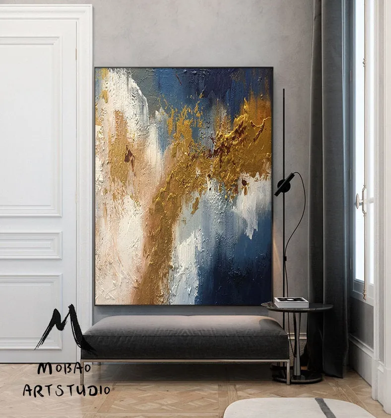 Large Living Room Art Blue Gold Abstract Painting Bg012