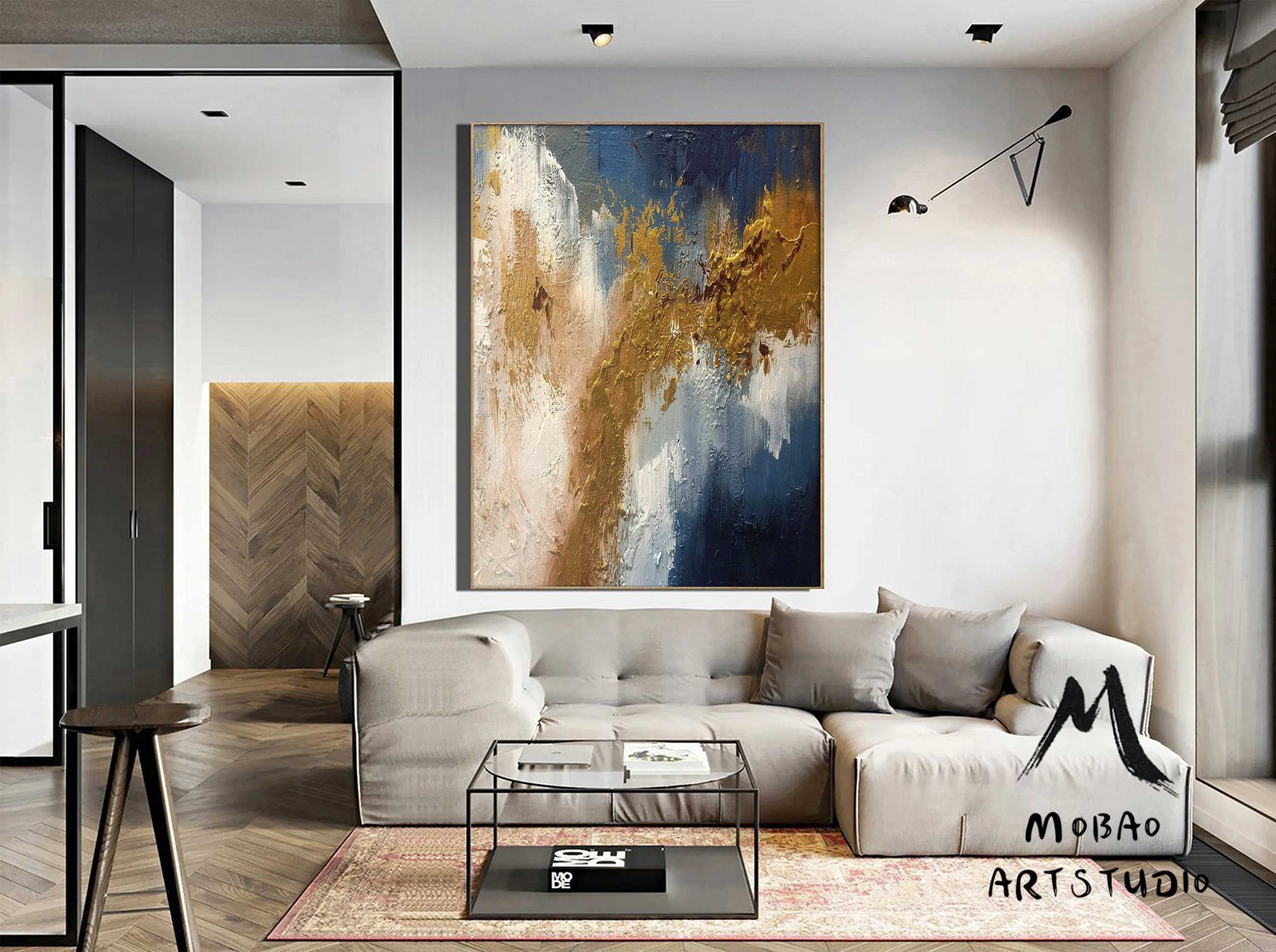 Large Living Room Art Blue Gold Abstract Painting Bg012