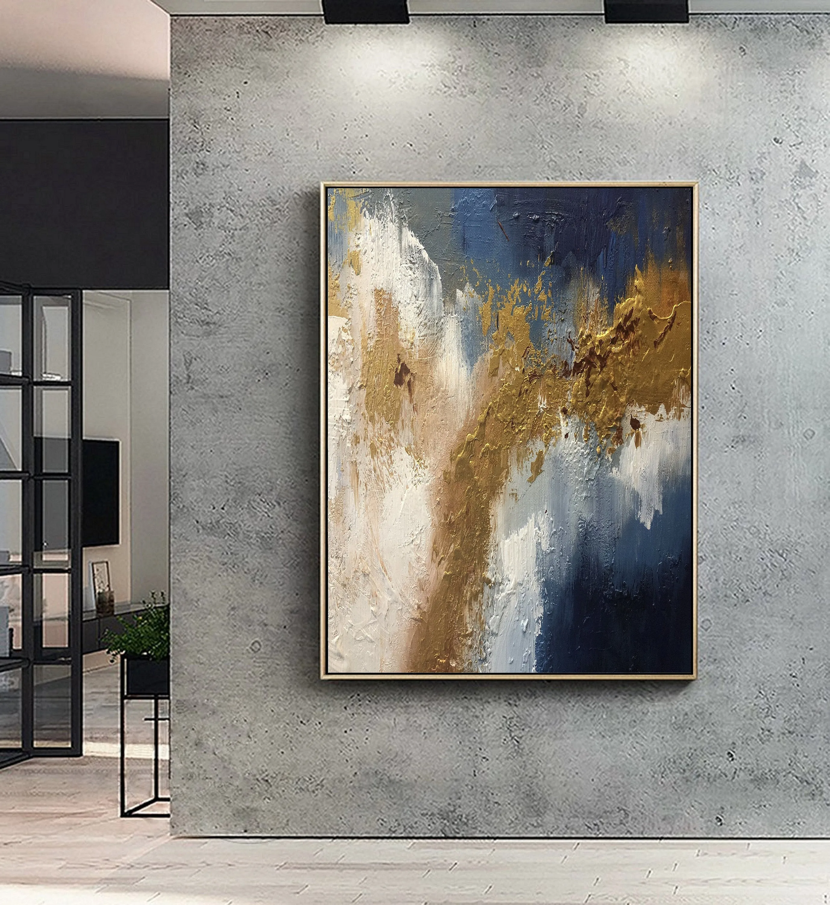 Large Living Room Art Blue Gold Abstract Painting Bg012