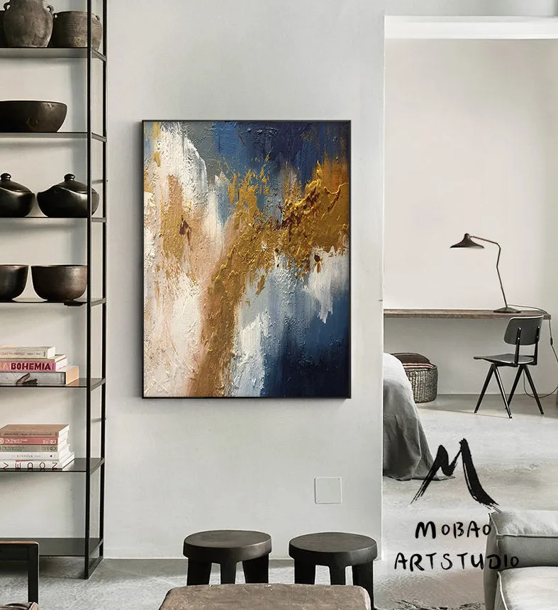 Large Living Room Art Blue Gold Abstract Painting Bg012