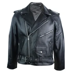 Mens 100% Real Leather Brando Style Classic Retro Biker Jacket Black