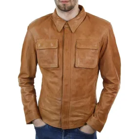 Mens Fitted Vintage Shirt Style Retro Leather Jacket Tan Brown Casual