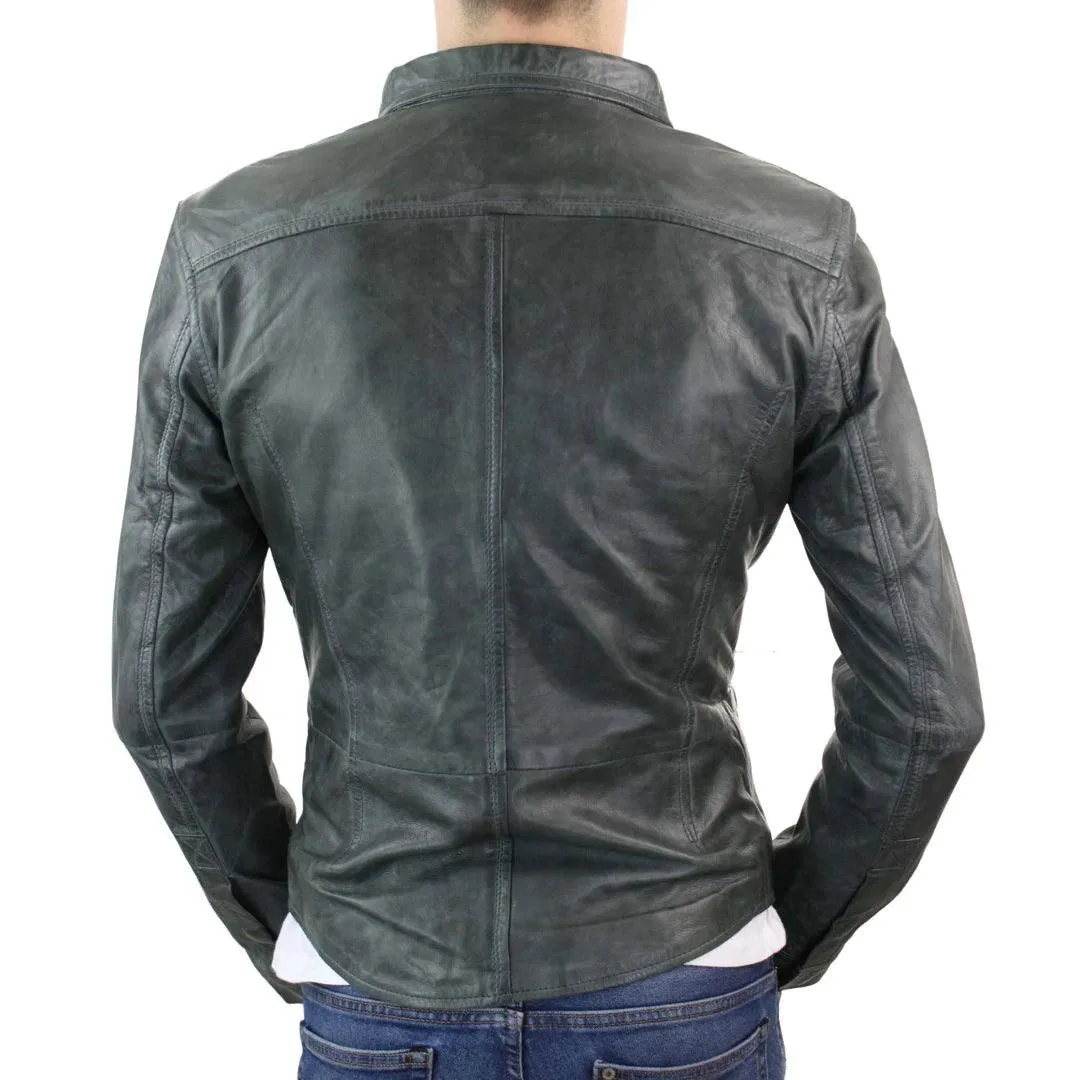 Mens Fitted Vintage Shirt Style Retro Leather Jacket Tan Brown Casual