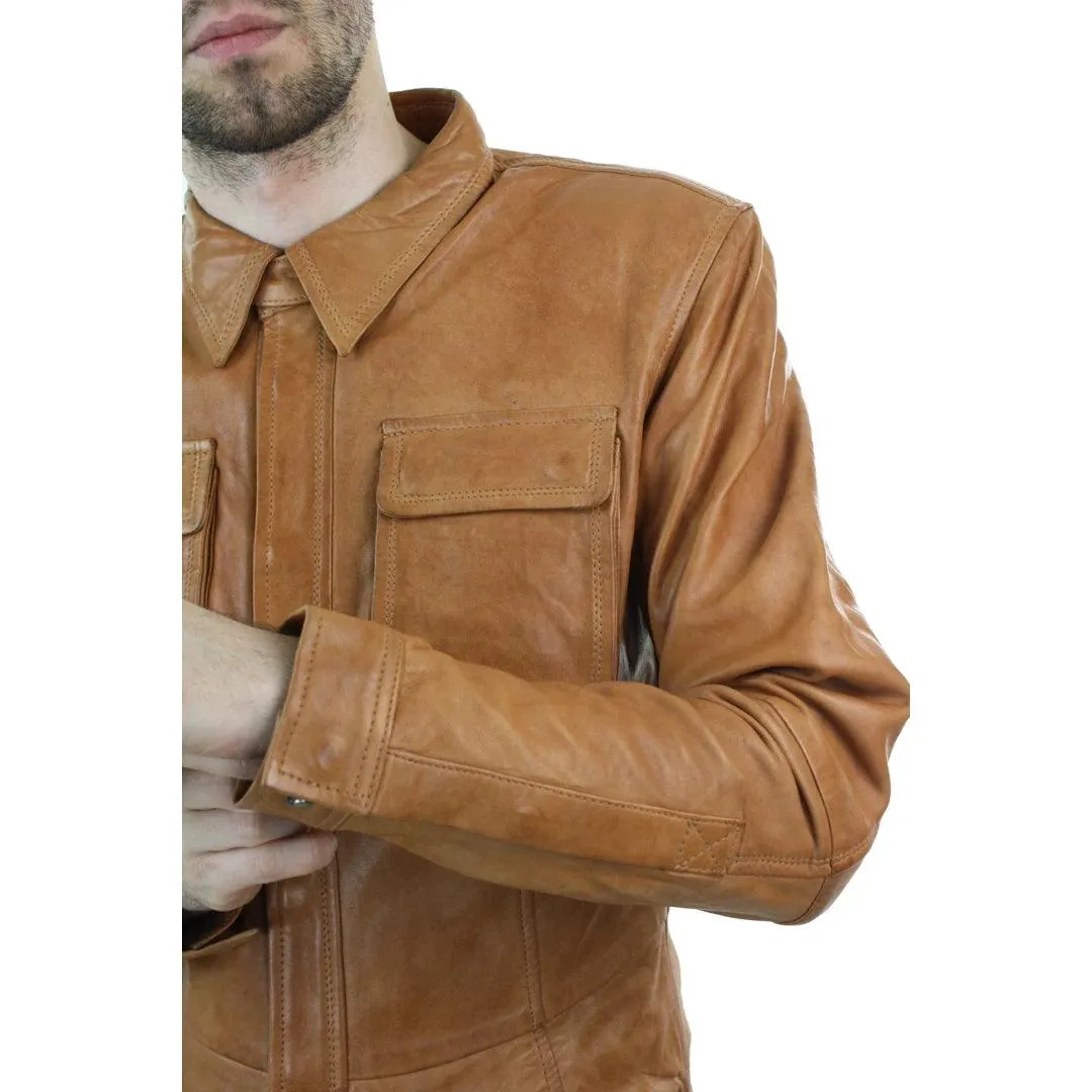 Mens Fitted Vintage Shirt Style Retro Leather Jacket Tan Brown Casual