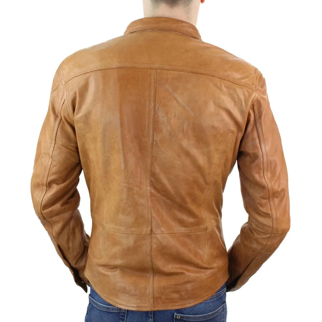 Mens Fitted Vintage Shirt Style Retro Leather Jacket Tan Brown Casual