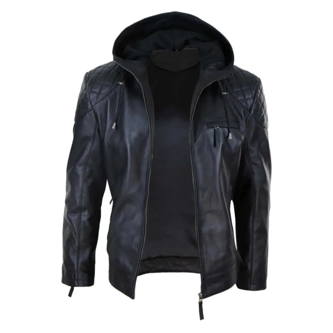 Mens Hood Biker Jacket Genuine Leather Casual Zip Retro Urban