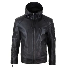 Mens Hood Biker Jacket Genuine Leather Casual Zip Retro Urban