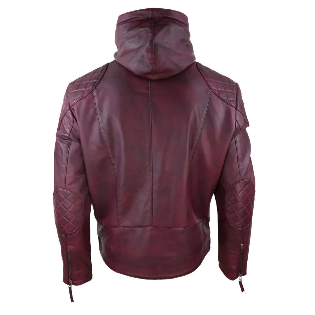 Mens Hood Biker Jacket Genuine Leather Casual Zip Retro Urban